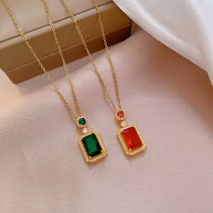 NUORO delicato Micro pavimenta diamante gemma collana collare gioielli per donna collana pendente smeraldo quadrato in acciaio inossidabile