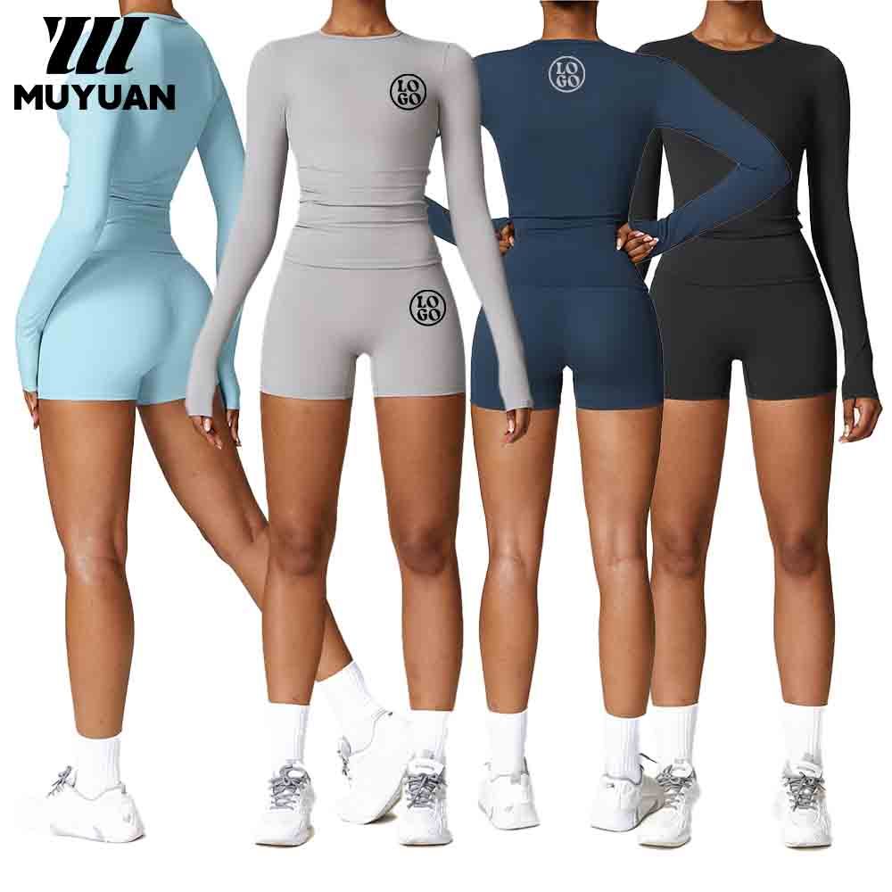 Sportswear Breathable Eco-Friendly Ultra Short 2-Piece Printed Wide Women Long Sleeve Yoga Body Suit Workout Activewear Sets