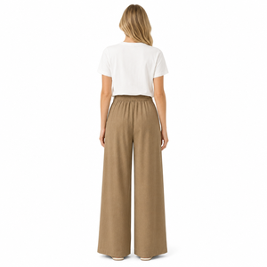 <span class=keywords><strong>Pantaloni</strong></span> Larghi da <span class=keywords><strong>Donna</strong></span> Marrone Cammello a Vita Alta con Doppio Bottone e Cintura, Pieghe Frontali, Casual, Vendita all'Ingrosso, OEM ODM, Produzione in Fabbrica - Product Image 3