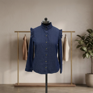 Chemise en jean pour femme à manches longues et volants, couleur unie, style décontracté, collection automne - Product Image 2