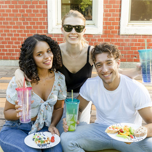 Customized Logo Printed Double Wall Plastic Travel Mug Leaf Green <b>Tumbler</b> with <b>Straw</b> for Beverages - Product Image 6