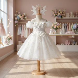 <b>White</b> Butterfly <b>Fairy</b> Floral <b>Dress</b> Girls Party Tulle Soft Non-Itchy Fabric Birthday Tea Party Knee-Length Puffy Sleeves 3D - Product Image 2