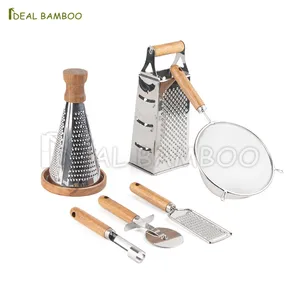 Kitchen Stainless Steel Cheese Grater Pizza Wheel Skimmer Spoon Multifunction Tools With Acacia Wood Handle