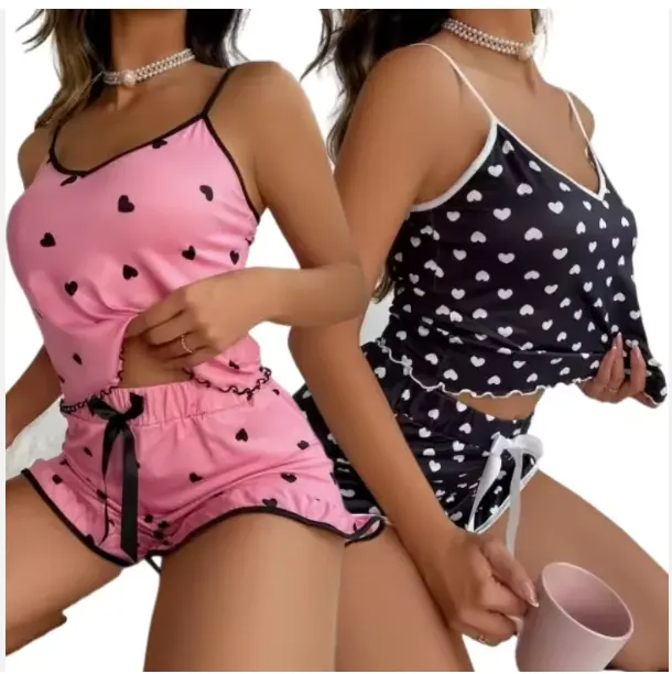 Women's Summer Heart Print Cami Top and Shorts Sleepwear Pajamas Women Lingerie Nightgowns Set