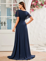 Robe de soirée formelle en mousseline de soie pour femme, col en V, manches chauve-souris, coupe trapèze, longue jusqu'au sol, avec taille marquée, idéale pour demoiselle d'honneur