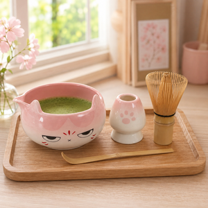 SKYJOY 4-Piece Japanese Design Pink Cat Face Porcelain Matcha Set Spouted Chawan Chasen Holder Bamboo Whisk Scoop for Matcha - Product Image 3