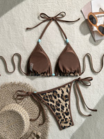 Ensemble bikini triangle imprimé léopard à sequins 2026 avec perles turquoise, maillot de bain deux pièces à nouer sur le côté pour femme, tenue de plage