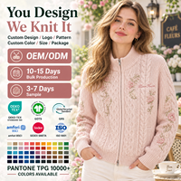Cardigan personnalisé pour femme, broderie florale, tricot torsadé, fermeture éclair, col montant, manches longues, vêtements en tricot pour femme, OEM ODM, MOQ flexible