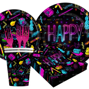 Vajilla Temática Brillante para Fiestas, Platos de Papel con Luz de Neón para Cumpleaños Infantiles, Juego de Vajilla de Papel con Tema de Neón - Product Image 2