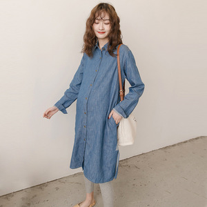 Nueva ropa de primavera para mujeres embarazadas, Camisa <span class=keywords><strong>vaquera</strong></span> holgada de estilo coreano para mujeres embarazadas, <span class=keywords><strong>falda</strong></span> de talla grande, camisa de manga larga - Product Image 2