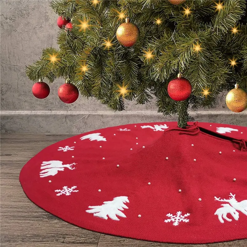 Wholesale dark red knit acrylic Christmas deer Snowflake with beads christmas tree skirt