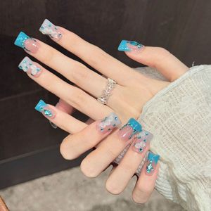<span class=keywords><strong>Ongles</strong></span> <span class=keywords><strong>en</strong></span> acrylique épais personnalisés OEM, style French, avec strass bleus, 10 pièces, qualité salon, faits à la main, à presser, fournisseur - Product Image 2