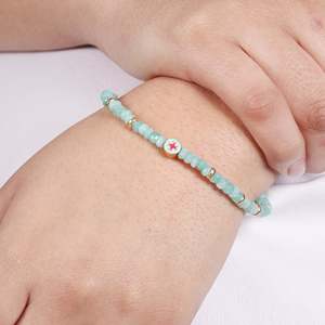 Amazonite flower charm stretch <b>bracelet</b> with blue and pink enamel in gold plated 925 sterling silver - Product Image 1