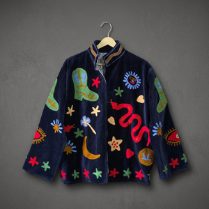 Chaqueta Bomber Boho de Terciopelo Azul para Mujer, Bordada, 100% Algodón Tejido con Patrón Floral, Ecológica, Transpirable, para Invierno y Verano - Product Image 3