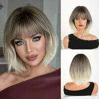 Peluca de Cabello Sintético de 12 Pulgadas, Color Ombre Marrón Ceniza con Raíces Platinadas, Corte Bob Corto con Flequillo Recto, Fibra Resistente al Calor, Aspecto Natural