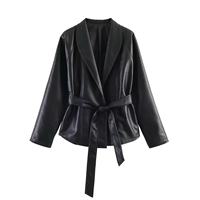 En stock, nouvelle veste en PU et polyester à col court de style européen et américain, ceinture à la taille, style rétro, élégante, pour femmes, 2 couleurs