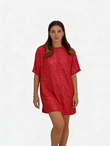 Minivestido rojo brillante de manga corta y corte holgado – Esencial para fiestas navideñas y de fin de año para mujer - Product Image 3