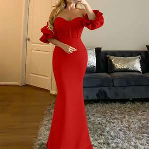 Nouvelle Conception <span class=keywords><strong>Robe</strong></span> <span class=keywords><strong>de</strong></span> Soirée Sexy Épaules <span class=keywords><strong>D</strong></span>énudées Longue à Manches Volants Plissée Chic - Product Image 3