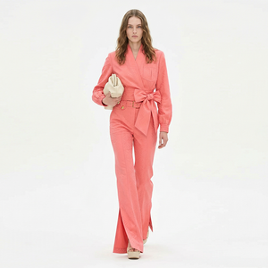 Custom Women Casual Fashion Suit 100% Cotton Twill Two-Piece Suit Set Double Breasted Top Wide Leg Pants <strong>2</strong> Piece Set - Product Image 3