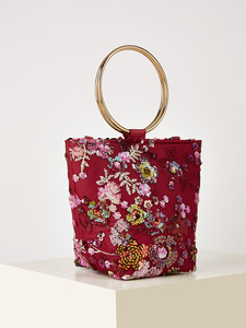 Floral <b>Sequin</b> Embroidery Tote Bag Women Metal Ring Handle <b>Handbag</b> Large Capacity Canvas Shoulder Bag Handmade Bucket Purse - Product Image 5