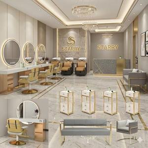 Mobilier de salon de beauté en bois doré avec logo personnalisé, <span class=keywords><strong>miroir</strong></span> LED étoilé, credenza et chaises de barbier - Product Image 3