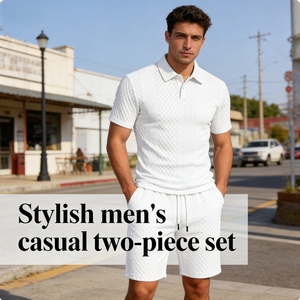 Tuta da uomo in maglia testurizzata a due pezzi con <span class=keywords><strong>polo</strong></span> |   Set Camicia a Maniche Corte e Pantaloncini Traspiranti Vestibilità Regolare per Sport Casual Estivi - Product Image 2