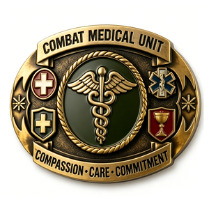 Hebilla de cinturón para unidad médica, emblema de latón chapado en oro, forma irregular, esmalte duro, Compasión, Cuidado, Compromiso - Product Image 1