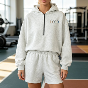 Conjunto Deportivo Unisex de 2 Piezas, Sudadera con Capucha y Cierre de Media Cremallera, Pantalones Cortos, Felpa Gruesa de 350G, ODM OEM, Ropa Deportiva Casual Urbana <span class=keywords><strong>para</strong></span> <span class=keywords><strong>Hombre</strong></span> y Mujer - Product Image 1