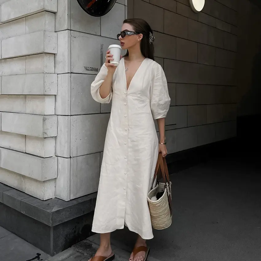 YYS 2024 French style young beige cotton linen puff sleeve women's summer backless loose shirt long dress