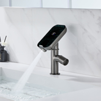Grifo de Lavabo de Latón de Doble Modo con Pantalla Digital en Gris Metálico, Grifo de Agua Fría y Caliente con Estante de Almacenamiento que Ahorra Espacio