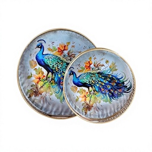 Ensemble de 2 plateaux décoratifs ronds plaqués or, motif animalier, design bohème, avec poignée, pour la décoration de Diwali - Product Image 2