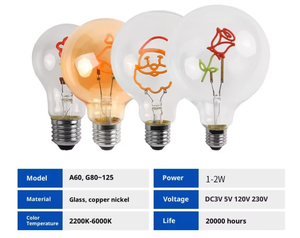 Luz LED Vintage G80 con Letras, 220V <span class=keywords><strong>E27</strong></span>, Transparente Ámbar, Gráfico de Rosa <span class=keywords><strong>G125</strong></span>, 2700K CCT, DC/AC, Uso Residencial, Cuerpo de Vidrio - Product Image 2