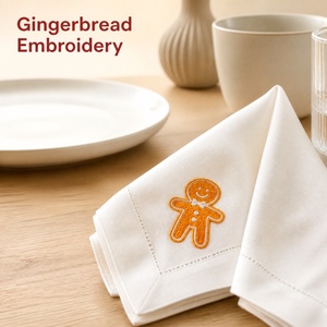 <b>Christmas</b> Embroidered Square <b>Linen</b> Napkins Traditional Handmade <b>Table</b> Decoration with Gingerbread Candy Cane Tree Ornament - Product Image 2