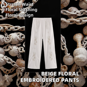 <span class=keywords><strong>Pantaloni</strong></span> <span class=keywords><strong>lunghi</strong></span> Casual da donna con ricami floreali <span class=keywords><strong>Beige</strong></span> elasticizzati in vita media tessuto a vita intera traspirante per la stagione autunnale - Product Image 3