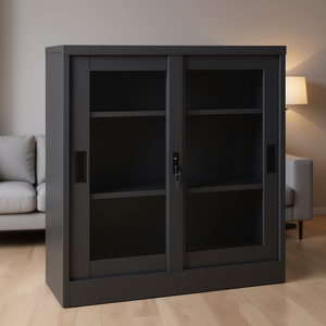 Armoire à Portes Coulissantes en Acier avec Verre Trempé 3 Étagères Meubles de Salon Modernes - Product Image 2