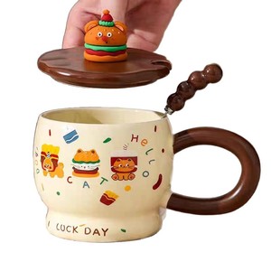 Mug en céramique au design créatif de dessin animé, avec couvercle et cuillère, personnalisé pour les étudiants, retour à l'école, usage au bureau - Product Image 1