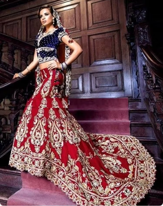 Lehenga Choli de Terciopelo para Novia, Diseño Indio-Pakistaní, con Cola Larga, Bordado a Mano con Zardozi, Material de Acetato - Product Image 5