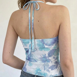 Haut bustier vintage pour femme à imprimé floral, avec volants plissés sur le devant, ruban et décorations perlées, collection été 2026 - Product Image 5