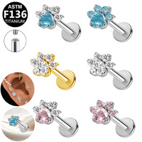 Gaby Piercing Labret à filetage interne en argent et zircon, motif patte de chat, pour l'oreille et la lèvre, bijou de piercing corporel, cadeau Saint-Valentin