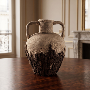 Este jarrón de cerámica Wabi Sabi hecho a mano en dos tonos, con un asa con textura de corteza y un diseño de ánfora de arcilla desgastada. - Product Image 2