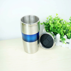 Stainless Steel Tumbler Vacuum Insulated Double Wall Blue Band Travel Mug With Lid Minimalist Design - Product Image 1