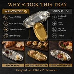 Plateau de service ovale divisé en acier inoxydable 304 poli, avec compartiment à sauce, style moderne et minimaliste, pour snacks et trempettes, idéal pour hôtels, buffets et traiteurs - Product Image 4