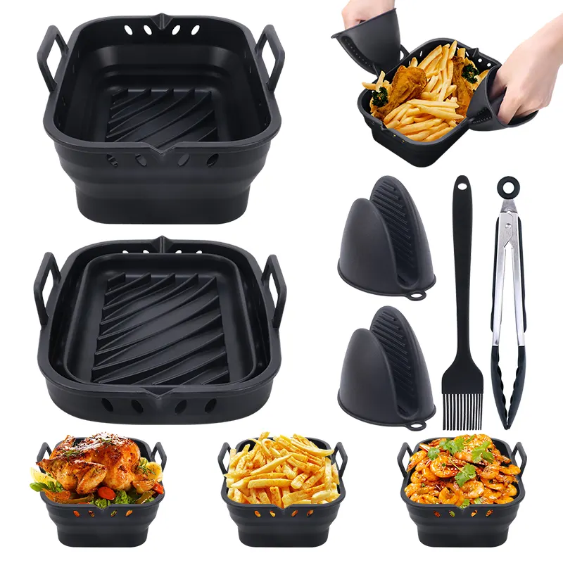 2024 nuevos productos sin BPA Durable 2 uds reutilizable plegable silicona freidora de aire bandeja para hornear accesorios de horno revestimientos olla