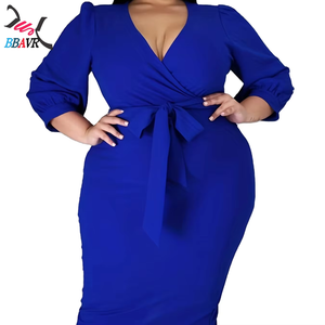 Robes pour femmes grandes tailles, couleur unie, sexy, col en V, tendance automne, vêtements pour femmes en surtaille, vente chaude - Product Image 1