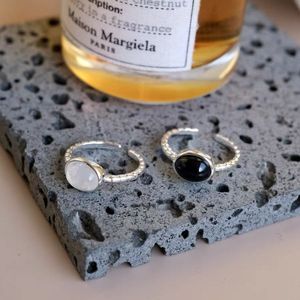 S925 Sterling <b>Silver</b> Minimalist <b>Ring</b> <b>Opal</b> Black Agate Bezel Setting Open Design Stackable Unisex Everyday Wear Geometric Shape - Product Image 3