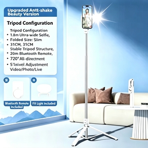 Perche à selfie sans fil multifonction extensible avec trépied anti-tremblement et support de téléphone pour diffusion en direct avec lumière LED - Product Image 1
