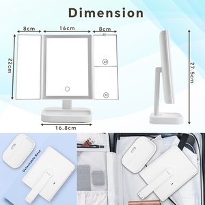 Bán buôn Dimmable LED màn hình cảm ứng gấp trang điểm gương trifold thiết kế kép hai mặt 2X 3X <span class=keywords><strong>Magnifying</strong></span> lighted xách tay vẻ đẹp - Product Image 6