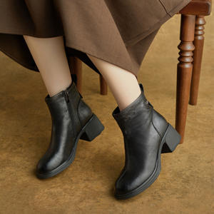 Bottines à lacets à talon bloc pour femmes, toutes saisons, nouveau style britannique, confortables pour la marche, en cuir véritable - Product Image 3