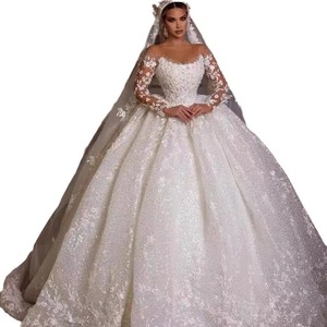 European American Wedding Dress 2026 <b>Lace</b> Long Sleeve High Waist Sweetheart Neckline Floral Print Bridal Gown Pure <b>White</b> - Product Image 5