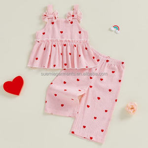 Conjunto de Ropa de Verano para Bebé Niña, 1 Pieza, Etiqueta Personalizada, Corazón Amoroso, Algodón, Cuello Cuadrado, Top y Pantalones - Product Image 1